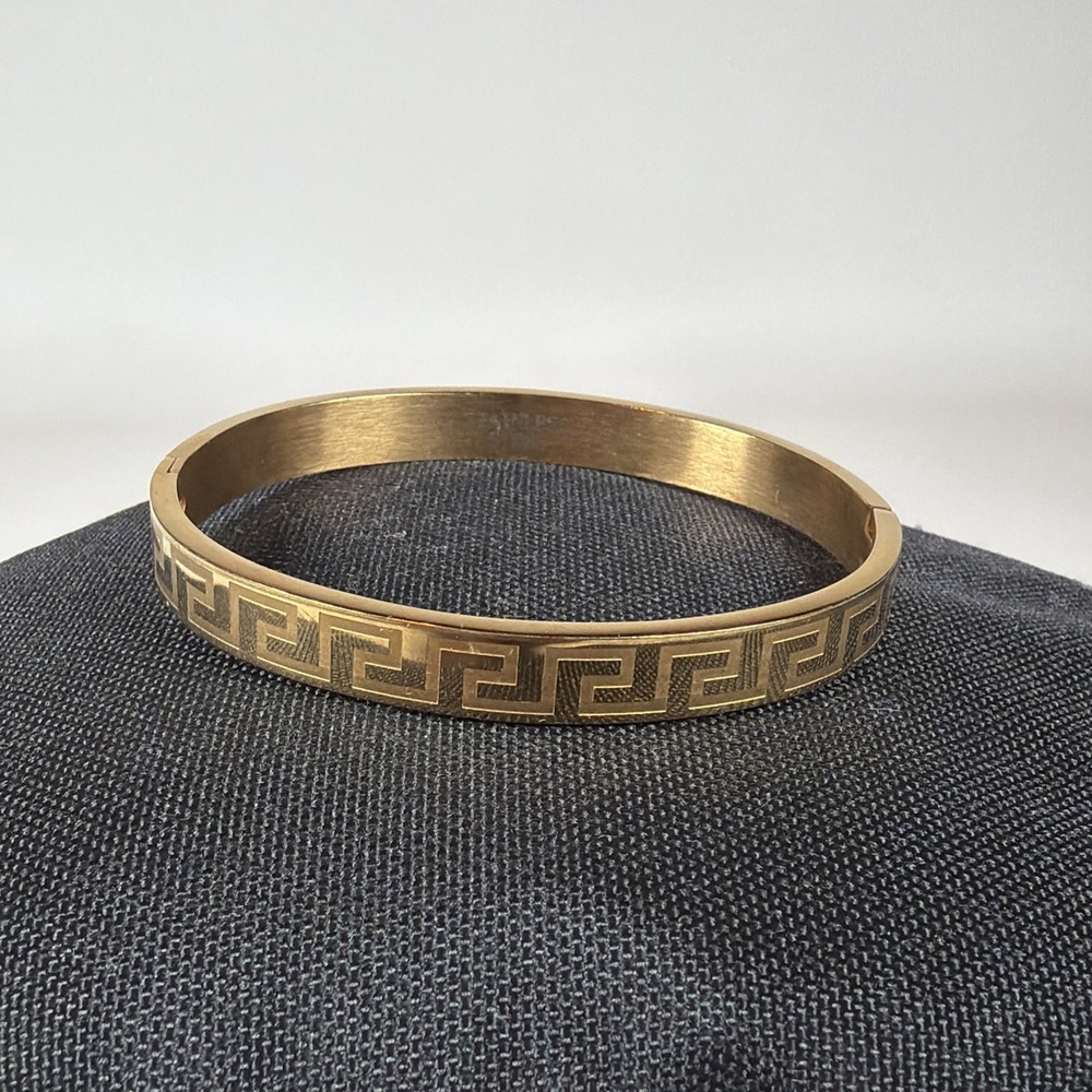 Gold Stainless Steel Greek Key Bangle Bracelet for Women Hollowed-out Meander